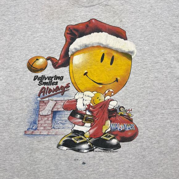 Vintage 90s Walmart Logo Christmas T-Shirt Smiley Face Santa Holiday Gray Y2K - Picture 2 of 7